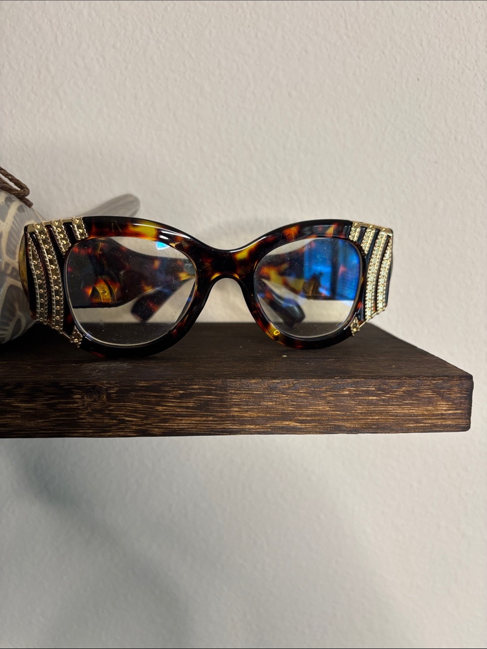 Tortoiseshell Cat Eye Glasses with Gold Crystal Accents
